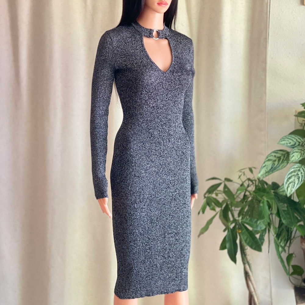 Metallic Silver Ribbed Bodycon Midi Dress Keyhole Ring Mock Neck Long Sleeve S - Picture 1 of 9